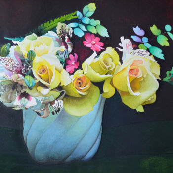 Pittura intitolato "Le  Bouquet  de  Ro…" da Monique Caunes, Opera d'arte originale, Acquarello