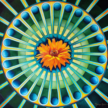 Peinture intitulée "Mandala  le  Zinnia" par Monique Caunes, Œuvre d'art originale, Aquarelle