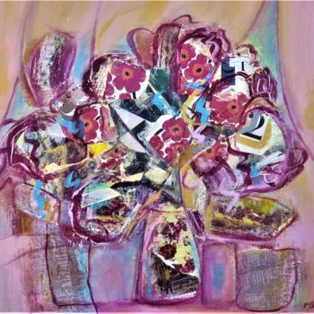 Pintura titulada "Fleurs sur fond rose" por Monique Chef, Obra de arte original, Acrílico