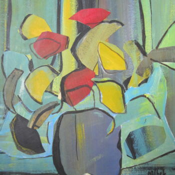 Painting titled "Bouquet sur fond bl…" by Monique Chef, Original Artwork, Acrylic