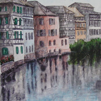 Painting titled "PETITE FRANCE" by Monique Darry, Original Artwork, Ink Mounted on Wood Stretcher frame