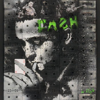 Schilderij getiteld "Johnny Cash" door Monique De Kruijk, Origineel Kunstwerk, Graffiti Gemonteerd op Houten paneel