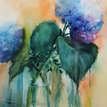 Peinture intitulée "Math's-hortensias.j…" par Monique Delord, Œuvre d'art originale, Aquarelle