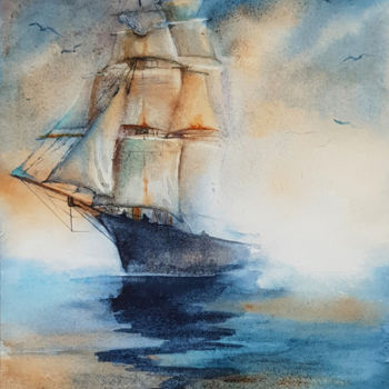 Painting titled "Haut les voiles" by Monique Delord, Original Artwork, Watercolor