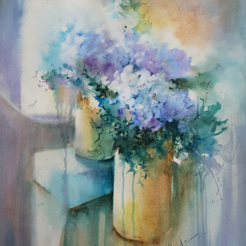 Painting titled "Max'hortensias" by Monique Delord, Original Artwork, Watercolor