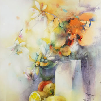 Painting titled "Autour des citrons" by Monique Delord, Original Artwork, Watercolor