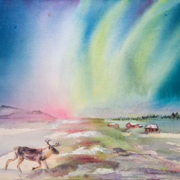 Pintura titulada "aurores boreales" por Monique Hirel, Obra de arte original, Acuarela