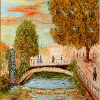 Schilderij getiteld "L'Isle sur la Sorgue" door Monique Laville, Origineel Kunstwerk, Olie Gemonteerd op Frame voor houten b…