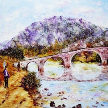 Painting titled "Quézac : Pont romai…" by Monique Laville, Original Artwork, Oil
