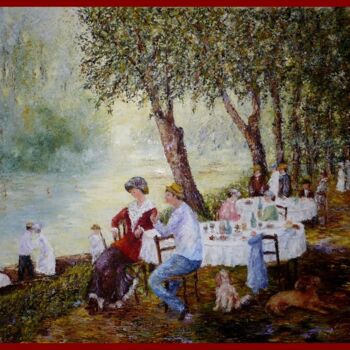 Painting titled "guinguette-des-bord…" by Monique Laville, Original Artwork, Oil