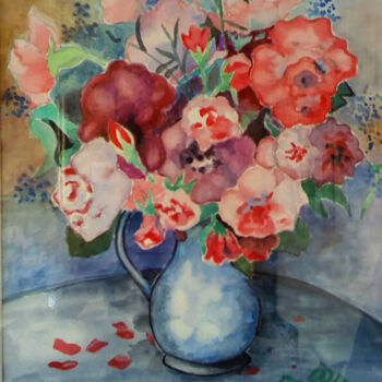 绘画 标题为“bouquet rose et bleu” 由Monique Maurice (Mona), 原创艺术品, 水彩 安装在纸板上
