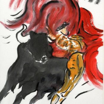 Painting titled "tauromachie N°7" by Monique Perret, Original Artwork, Watercolor Mounted on Cardboard