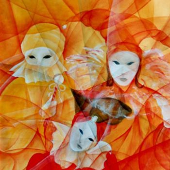 Schilderij getiteld "femmes masquées à V…" door Monique Tackels, Origineel Kunstwerk, Olie