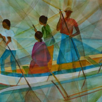 Peinture intitulée "Bali - pêcheurs sur…" par Monique Tackels, Œuvre d'art originale, Huile