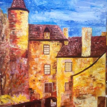 Painting titled "village médiéval" by Monique Cosguay, Original Artwork, Oil