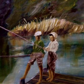 Painting titled "Pescando trucha" by Mónica Caruncho Fontela, Original Artwork, Oil