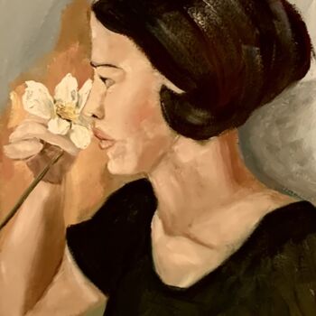 Painting titled "Oliendo una flor" by Mónica Caruncho Fontela, Original Artwork, Oil