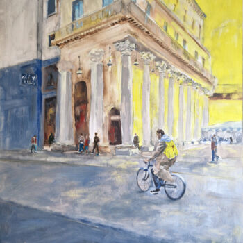 Schilderij getiteld "Milano in bicicletta" door Montse Fabra, Origineel Kunstwerk, Olie Gemonteerd op Houten paneel