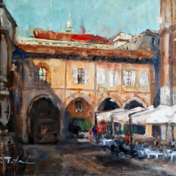 Painting titled "Piazza Mercanti" by Montse Fabra, Original Artwork, Oil Mounted on Wood Panel