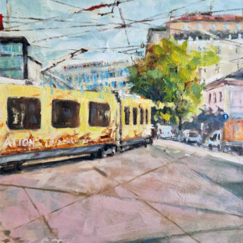 Painting titled "Tram di Milano" by Montse Fabra, Original Artwork, Oil Mounted on Wood Panel