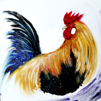 Painting titled "happy rooster" by Karma Castilho, Original Artwork, Acrylic