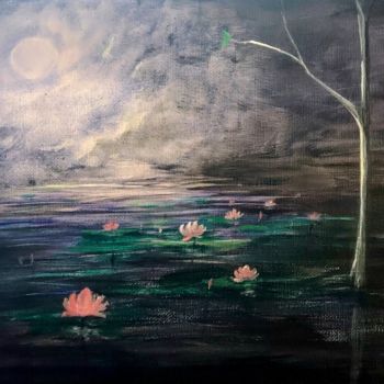 Pintura titulada "Night Lotus pond" por Karma Castilho, Obra de arte original, Acrílico