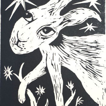 Incisioni, stampe intitolato "Stargazing hare" da Penny Wright, Opera d'arte originale, Incisioni su linoleum