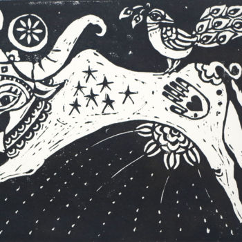 Отпечатки и Гравюры под названием "The cow who jumped…" - Penny Wright, Подлинное произведение искусства, Линогравюры