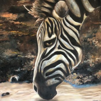 Painting titled "Zebra drinking wate…" by Charmaine Moore, Original Artwork, Oil
