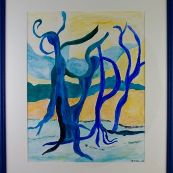Malerei mit dem Titel "Blues des arbres" von Bernadette Mora, Original-Kunstwerk, Gouache