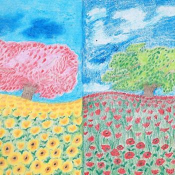 Рисунок под названием "Tree and flowers" - Mary Khier, Подлинное произведение искусства, Пастель