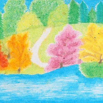 Рисунок под названием "Trees around river" - Mary Khier, Подлинное произведение искусства, Пастель