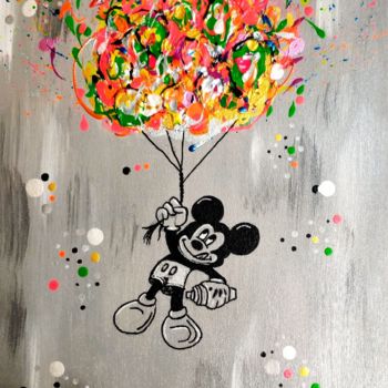 Painting titled "Mickey dans les airs" by Franck Moreno, Original Artwork, Acrylic Mounted on Wood Stretcher frame