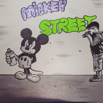 「mickey style bansky」というタイトルの絵画 Franck Morenoによって, オリジナルのアートワーク, アクリル ウッドストレッチャーフレームにマウント