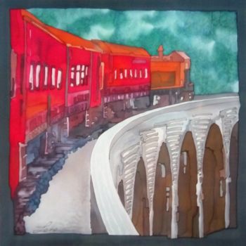 Painting titled "Red Train" by Jean & Lene, Original Artwork, Other Mounted on Wood Panel