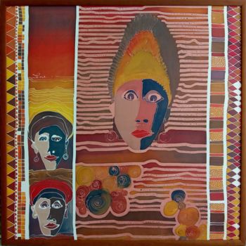 Textile Art με τίτλο "Faces" από Jean & Lene, Αυθεντικά έργα τέχνης, Ύφασμα Τοποθετήθηκε στο Ξύλινο πάνελ
