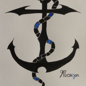 Drawing titled "Encre bleue" by Morgan, Original Artwork, Ink