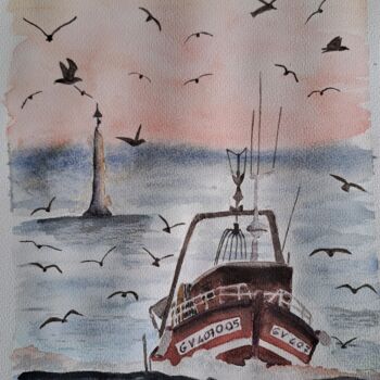 Painting titled "Retour de pêche" by Morgane Mlynarczyk, Original Artwork, Watercolor