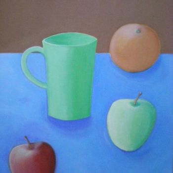 Peinture intitulée "Mug vert et fruits" par Morgane A., Œuvre d'art originale