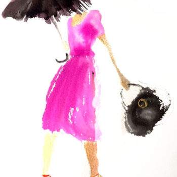 Peinture intitulée "Femme courant sous…" par Mosa, Œuvre d'art originale, Aquarelle