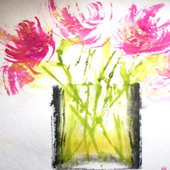 Картина под названием "Fleurs dans un vase…" - Mosa, Подлинное произведение искусства, Акварель
