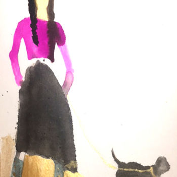 Schilderij getiteld "Femme au chien" door Mosa, Origineel Kunstwerk, Aquarel