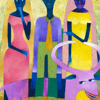 Pittura intitolato "Two Cows and a Husb…" da Moses Nyawanda, Opera d'arte originale, Olio