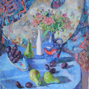 Painting titled "Натюрморт с синей в…" by Irina Moskaliova, Original Artwork, Oil Mounted on Wood Stretcher frame