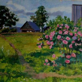 Painting titled "Цветущий шиповник" by Irina Moskaliova, Original Artwork, Oil Mounted on Wood Stretcher frame