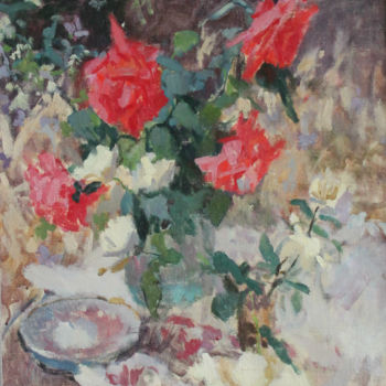 Painting titled "Розы" by Irina Moskaliova, Original Artwork, Oil Mounted on Wood Stretcher frame