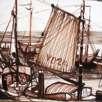 Disegno intitolato "BATEAUX A VOLEMDAM" da Michel Moskovtchenko, Opera d'arte originale, Altro