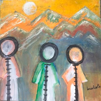 Peinture intitulée "Les troismoines" par Mariam Mouliets, Œuvre d'art originale, Huile Monté sur Châssis en bois