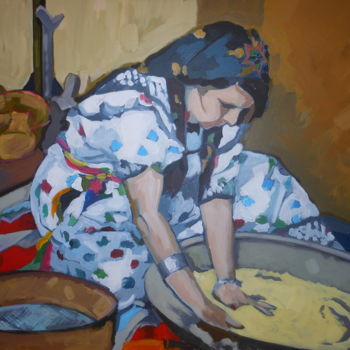 Pittura intitolato "Femme kabyle prépar…" da Rahmouna Boudjellal, Opera d'arte originale
