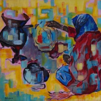 Malerei mit dem Titel "Femme préparant le…" von Rahmouna Boudjellal, Original-Kunstwerk